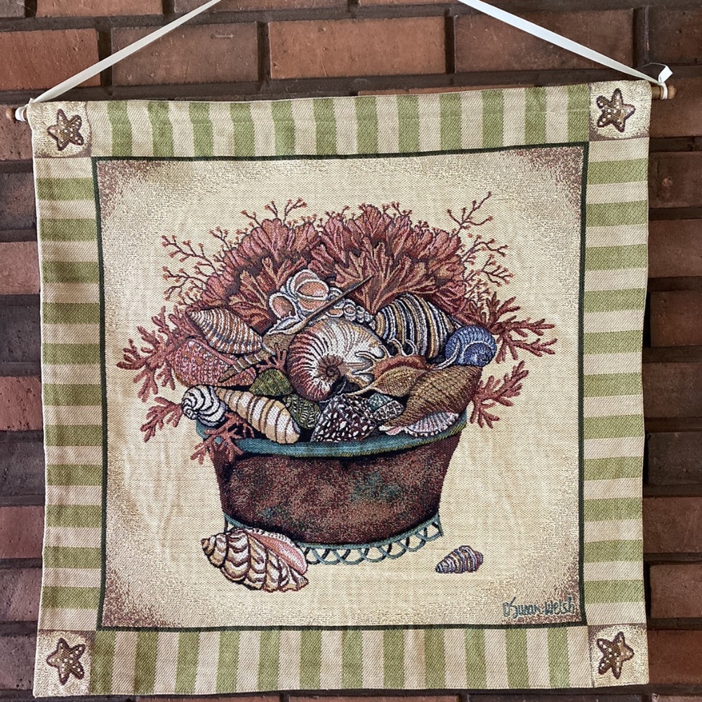 SEASHELL By The Sea Tapestry Wall Hanging w/Wood Rod by Susan Welsh BEACH OCEAN